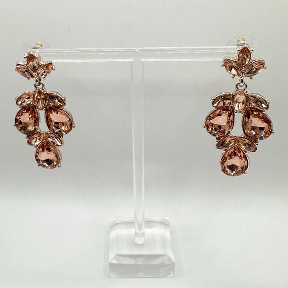 Lulus Chandelier Earrings Rose Gold Peach Rhinestones Crystal Cluster Signed - Picture 1 of 7